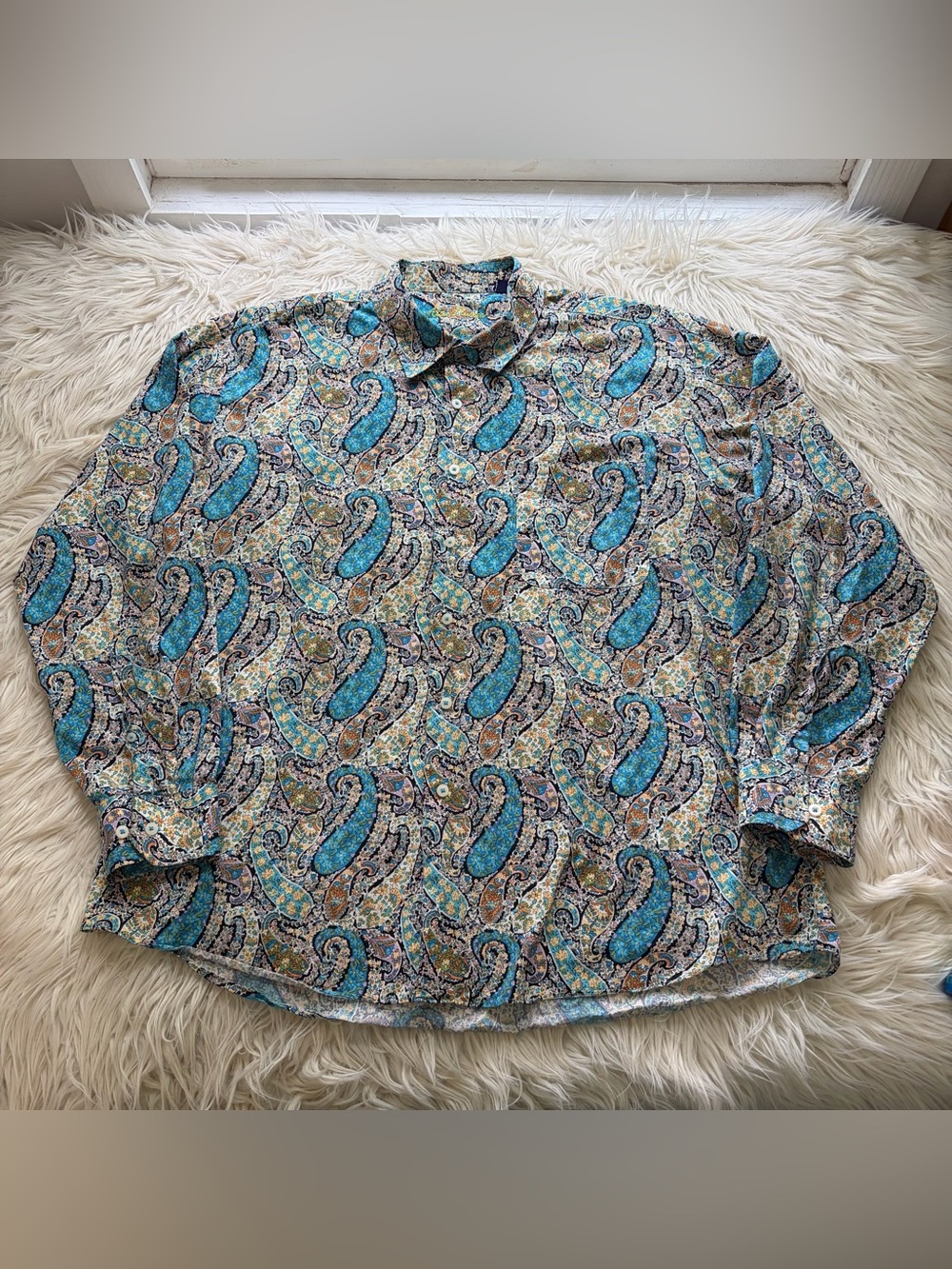 Alan Flusser Men XXL Floral Paisley Button Down Shirt 100% Cotton Long Sleeve